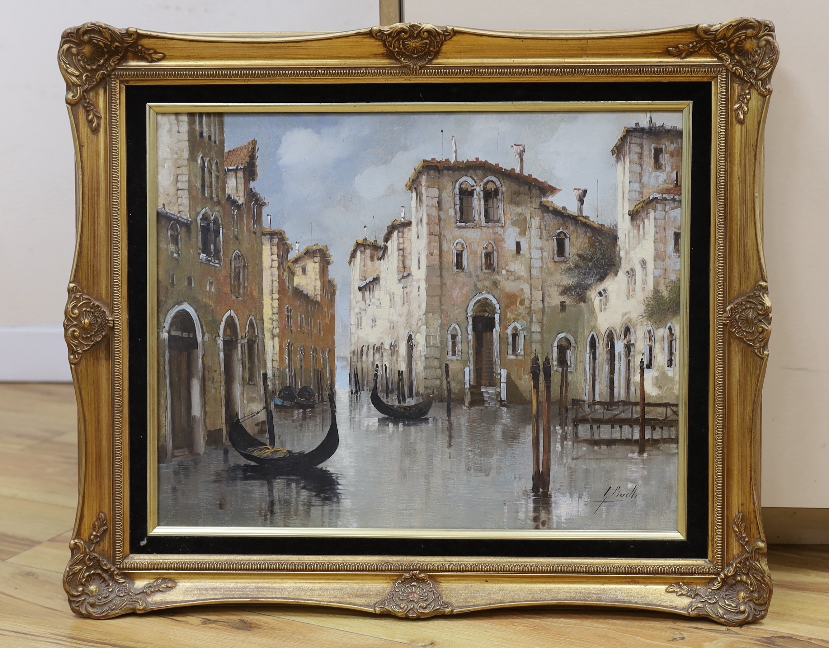 Guido Borelli (Italian b.1952), oil on canvas, Venetian canal with gondolas 49.5 x 39.5cm